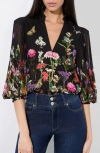 Alice And Olivia Ilan Pleated Blouson Sleeve Button Front Blouse Secret Garden In Secret Garden