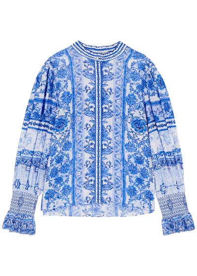 Alice And Olivia Alice + Olivia Ilan Printed Cotton-blend Blouse In Blue