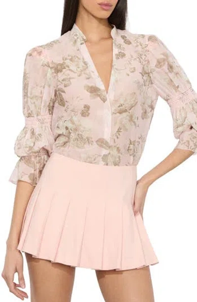 ALICE AND OLIVIA ALICE + OLIVIA ILAN SMOCKED PUFF SHOULDER COTTON & SILK SHIRT