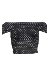 Shop Alice And Olivia Alice + Olivia Isadola Polka Dot Ruched Off The Shoulder Mesh Crop Top In Black With White Dots