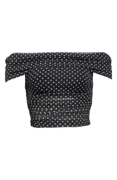 ALICE AND OLIVIA ALICE + OLIVIA ISADOLA POLKA DOT RUCHED OFF THE SHOULDER MESH CROP TOP