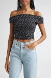 Alice And Olivia Alice + Olivia Isadola Polka Dot Ruched Off The Shoulder Mesh Crop Top In Blue