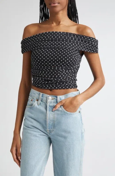 Alice And Olivia Alice + Olivia Isadola Polka Dot Ruched Off The Shoulder Mesh Crop Top In Blue