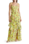 Alice And Olivia Jocelyn Ruffle Maxi Dress In Floral Express Lg Lemon Sorbet