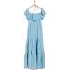 Alice And Olivia Kia Cold-shoulder Tiered Linen-blend Maxi Dress In Mineral Blue