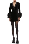 Alice And Olivia Latoya Feather-cuff Blazer Mini Dress In Black/black