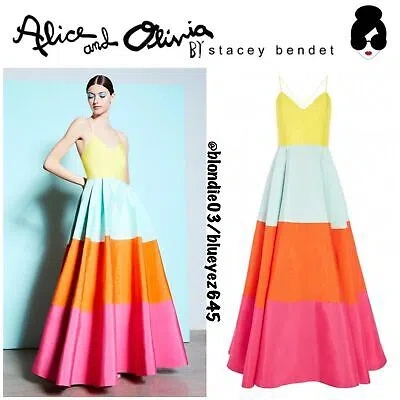 Pre-owned Alice And Olivia Alice + Olivia Lavelle Colorblock Maxi Gown 6 In Orange