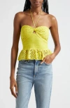 Alice And Olivia Livia Broderie Anglaise Cotton Peplum Halterneck Top In Happy Yellow