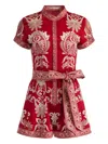 Alice And Olivia Lucy Roll-sleeve Button-front Romper In Red