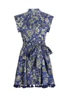 Alice And Olivia Lucy Cuffed Cap Sleeve Mini Shirt Dress Blooming Wild Indigo In Blue