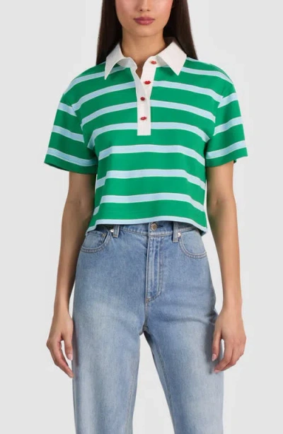Alice And Olivia Lyle Striped Polo Top In Green