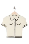 Alice And Olivia Alice + Olivia Marlena Crop Wool Blend Button-up Polo Sweater In Ecru/black