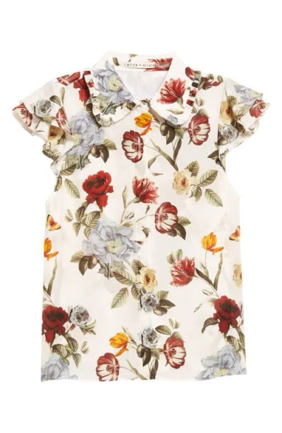 Alice And Olivia Alice + Olivia Martel Floral Flutter Sleeve Silk Button-up Top In Neutral