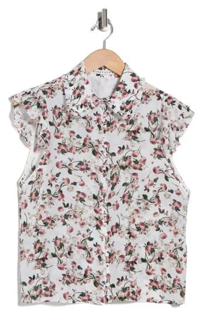 Alice And Olivia Alice + Olivia Martel Floral Flutter Sleeve Silk Button-up Top In White