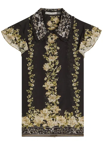 Alice And Olivia Alice + Olivia Martel Floral-print Cotton And Silk-blend Blouse In Black