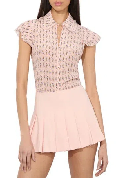 ALICE AND OLIVIA ALICE + OLIVIA MARTEL FLUTTER SLEEVE PRINT SILK SHIRT