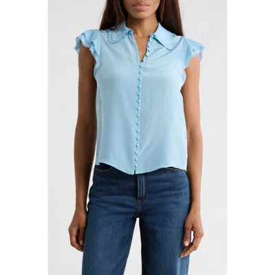 Alice And Olivia Alice + Olivia Martel Flutter Sleeve Silk Button-up Top In Blue