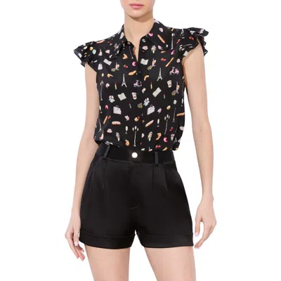 ALICE AND OLIVIA ALICE + OLIVIA MARTEL FRENCH DETAIL PRINT SILK BUTTON-UP SHIRT