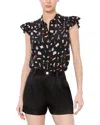 Alice And Olivia Martel Ruffled Printed Silk Crepe De Chine Blouse In Black