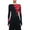 Alice And Olivia Masako Long Sleeve Open Back Bodysuit With Thumbholes In Peony Petals Bright Ruby