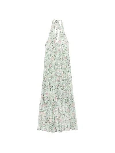 Alice And Olivia Maura Embroidered Deep V Halter Tiered Maxi Dress In Garden Gossip Light Sage