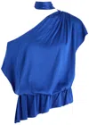 Alice And Olivia Mitsuko Draped One Shoulder Asymmetric Blouse With Scarf In Blue