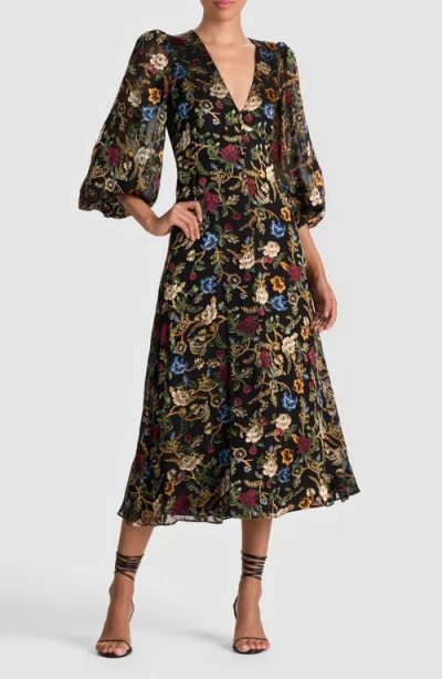ALICE AND OLIVIA ALICE + OLIVIA MONA FLORAL BURNOUT LONG SLEEVE MIDI DRESS