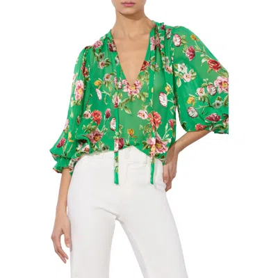 Alice And Olivia Alice + Olivia Moranne Floral Print Tie Neck Top