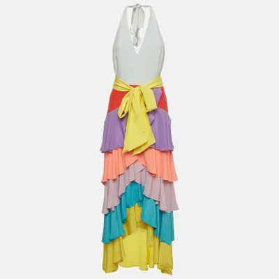 Pre-owned Alice And Olivia Alice Olivia Multicolor Crepe Halter Neck Ruffle Maxi Dress M