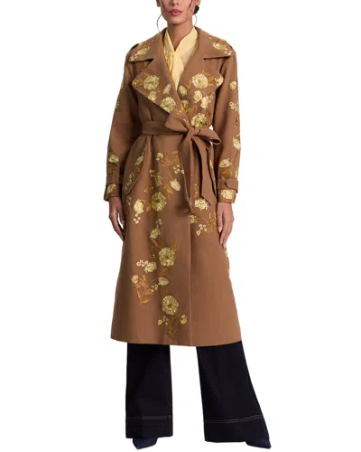 Alice And Olivia Nevada Floral-embroidered Trench Coat In Brown
