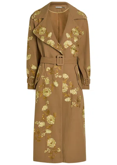 Alice And Olivia Nevada Embroidered Cotton Trench Coat In Brown