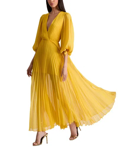 Alice And Olivia Alice + Olivia Nya Deep V Hi Slit Pleated Maxi Dress In Yellow