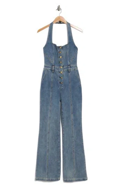Alice And Olivia Alice + Olivia Pennie Halter Neck Bustier Denim Jumpsuit In Blue