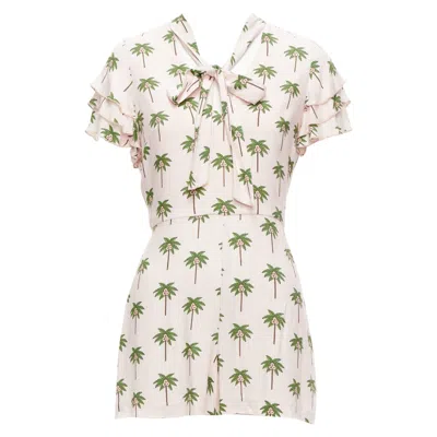 Pre-owned Alice And Olivia Alice Olivia Pink Green Coconut Palm Tree Frill Sleeves Bow Tie Romper Us8 L
