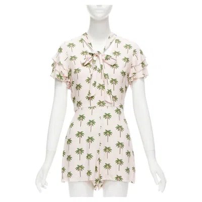 Pre-owned Alice + Olivia Alice Olivia Pink Green Coconut Palm Tree Frill Sleeves Bow Tie Romper Us8 L