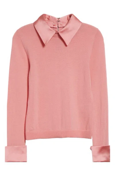 Alice And Olivia Alice + Olivia Porla Collared Mixed Media Silk Sweater In Pink