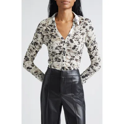 Alice And Olivia Alice + Olivia Portia Floral Center Ruched Button-up Shirt In Yellow