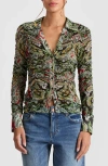 Alice And Olivia Portia Ruched Mesh Button Down Paisley Poem In Green