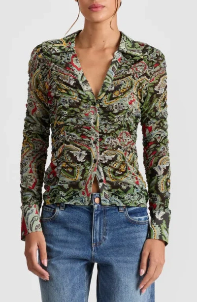 ALICE AND OLIVIA ALICE + OLIVIA PORTIA PAISLEY CENTER RUCHED BUTTON-UP SHIRT