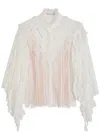 Alice And Olivia Rheba Mock Neck Button Front Lace Ruffle Sleeve Top Off White In White