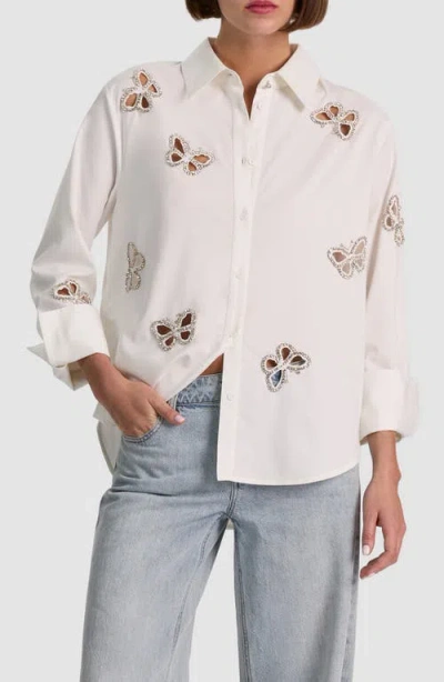 Alice And Olivia Alice + Olivia Rhinestone Butterfly Cutout Detail Button-up Shirt In White
