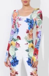 Alice And Olivia Rhys Ballet Neck Thong Bodysuit Garden Brunch Off White In Garden Brunch Off White