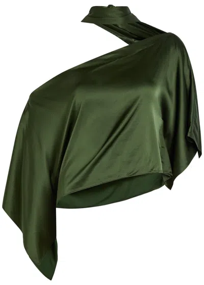 Alice And Olivia Alice + Olivia Rita Draped Asymmetric Satin Top In Dark Green