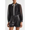 Alice And Olivia Roanne Tie Front Silk Blouse In Black/off White