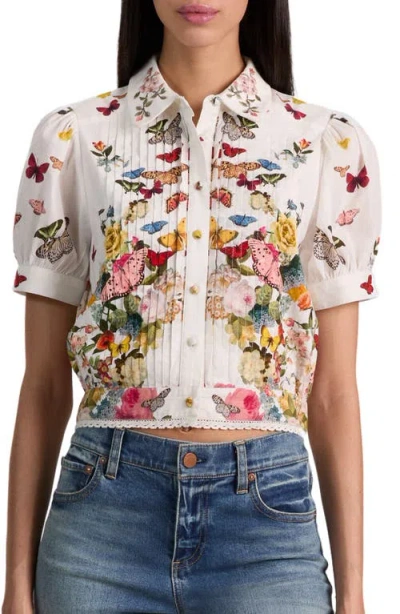 Alice And Olivia Rosie Embroidered Puff Sleeve Cropped Button Down Blouse Solar Strength Off White In Multi