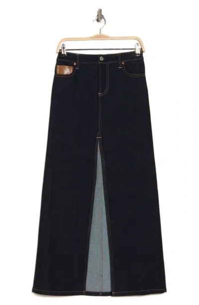 Alice And Olivia Alice + Olivia Rye High Waist Faux Leather & Denim Maxi Skirt In Dark Rinse