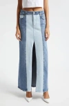Alice And Olivia Rye Low-rise Two-tone Denim Maxi Skirt In Brooklyn Blue In Brooklyn Blue/georgia Vintage
