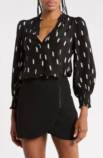 Alice And Olivia Alice + Olivia Sheila Blouson Sleeve Silk Top In Ribbon Tape Black/ Sft White