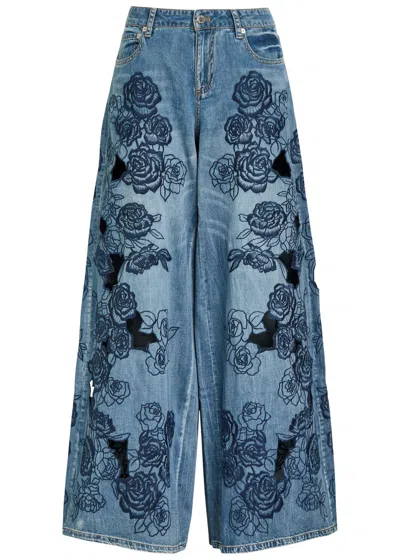 Alice And Olivia Alice + Olivia Sidney Floral-embroidered Wide-leg Jeans In Blue