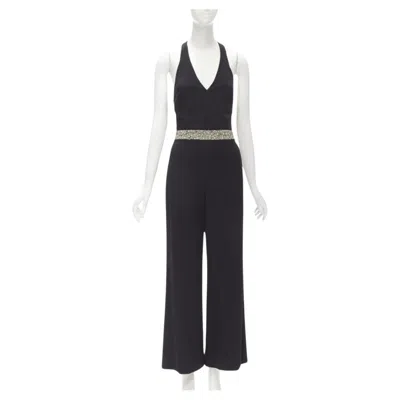 Pre-owned Alice And Olivia Alice Olivia Silver Crystal Bead Embellished Halter Backless Jumpsuit S In Black
